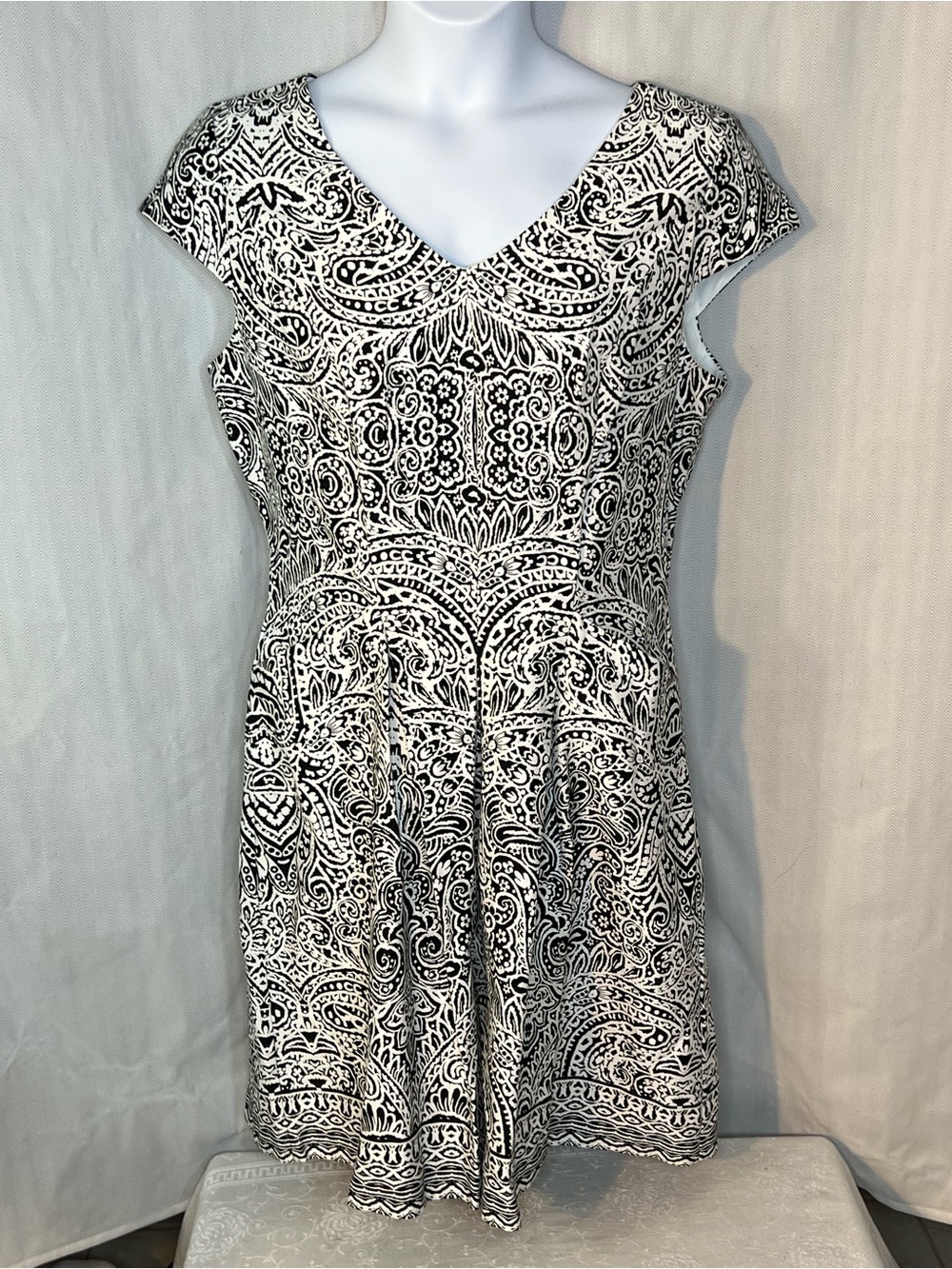 Sandra Darren Dress Black & White Paisley Cotton Cap Sleeves Pockets V Neck 16 ๐